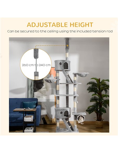 PawHut Floor to Ceiling Cat Tree for Indoor Cats, 240-260cm, Adjustable Height - Light Grey - pic 147084 | FastDaddyshop