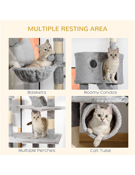 PawHut Floor to Ceiling Cat Tree for Indoor Cats, 240-260cm, Adjustable Height - Light Grey - pic 147086 | FastDaddyshop