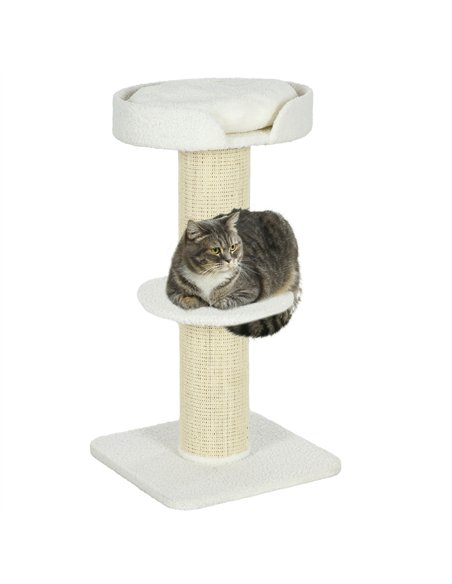 PawHut 2 Tier Sisal Sherpa Cat Tree with Basket Cushion Sisal Post Cream White - pic 147089 | FastDaddyshop