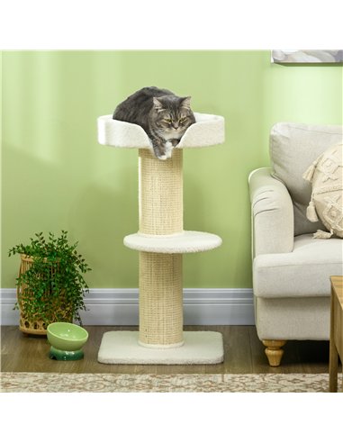 PawHut 2 Tier Sisal Sherpa Cat Tree with Basket Cushion Sisal Post Cream White