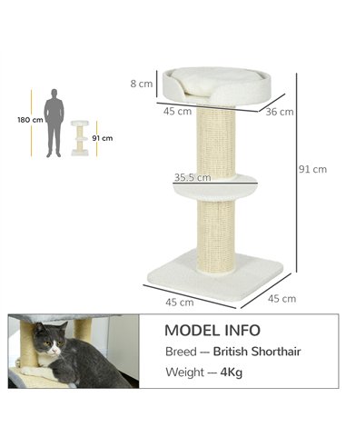 PawHut 2 Tier Sisal Sherpa Cat Tree with Basket Cushion Sisal Post Cream White