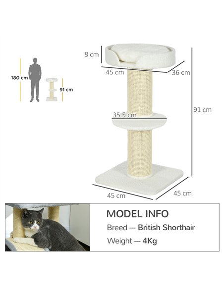 PawHut 2 Tier Sisal Sherpa Cat Tree with Basket Cushion Sisal Post Cream White - pic 147091 | FastDaddyshop
