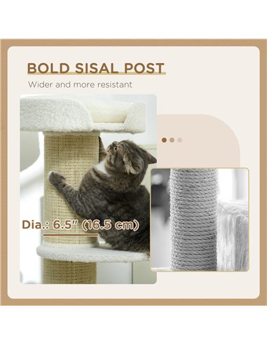 PawHut 2 Tier Sisal Sherpa Cat Tree with Basket Cushion Sisal Post Cream White