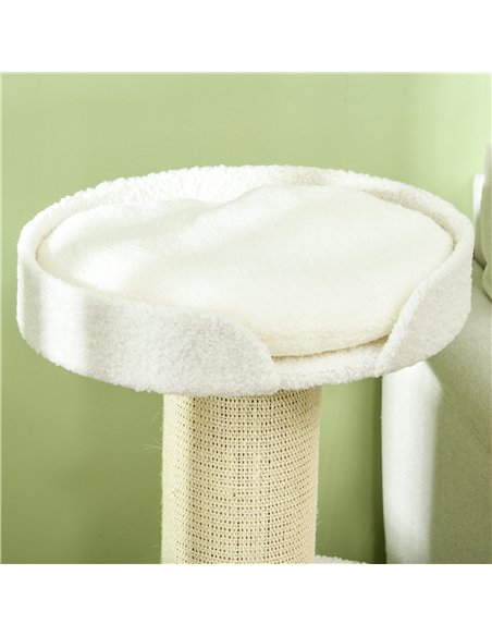 PawHut 2 Tier Sisal Sherpa Cat Tree with Basket Cushion Sisal Post Cream White - pic 147097 | FastDaddyshop