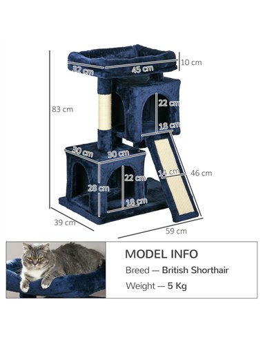 PawHut Sisal Cat Rest & Play Activity Tree w/ 2 House Navy Blue