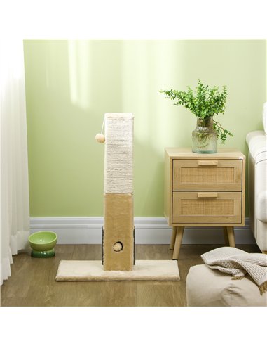 PawHut Jute Cat Scratching Post w/ Carpet Base Hanging Toy - Beige