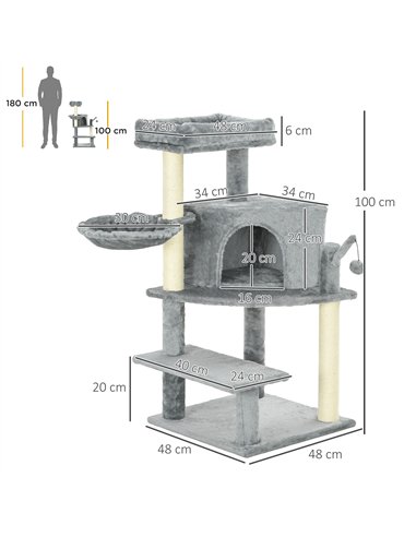 PawHut Sisal 100cm Cat Tree Tower with Sisal Scratching Post Grey