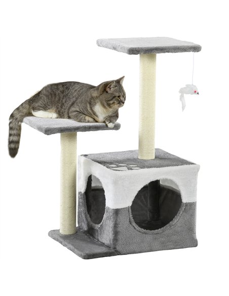 PawHut Cat Tree w/ Sisal Scratching Posts, House, Perches, Toy Mouse, Grey - pic 147134 | FastDaddyshop