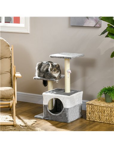 PawHut Cat Tree w/ Sisal Scratching Posts, House, Perches, Toy Mouse, Grey