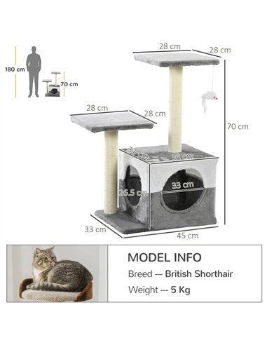 PawHut Cat Tree w/ Sisal Scratching Posts, House, Perches, Toy Mouse, Grey