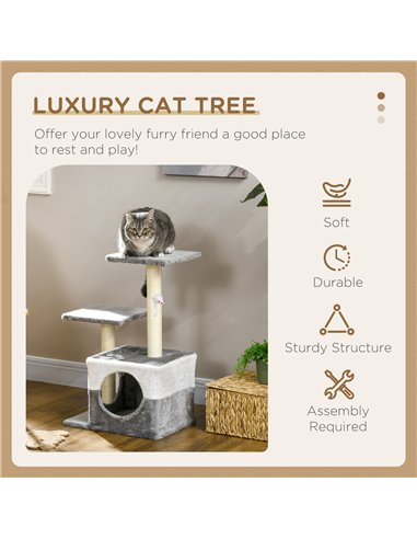 PawHut Cat Tree w/ Sisal Scratching Posts, House, Perches, Toy Mouse, Grey
