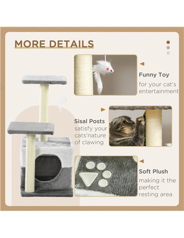 PawHut Cat Tree w/ Sisal Scratching Posts, House, Perches, Toy Mouse, Grey