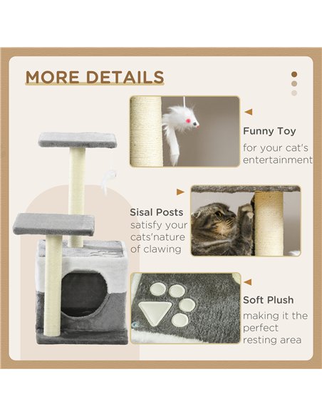 PawHut Cat Tree w/ Sisal Scratching Posts, House, Perches, Toy Mouse, Grey - pic 147139 | FastDaddyshop