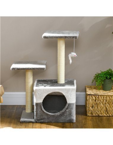 PawHut Cat Tree w/ Sisal Scratching Posts, House, Perches, Toy Mouse, Grey