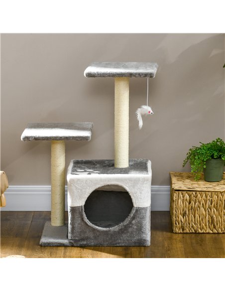 PawHut Cat Tree w/ Sisal Scratching Posts, House, Perches, Toy Mouse, Grey - pic 147142 | FastDaddyshop
