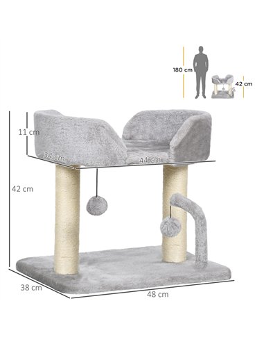 PawHut 42cm Indoor Cat Tree, with Toy Balls, Sisal Scratching Post - Light Grey