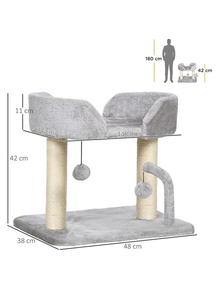 PawHut 42cm Indoor Cat Tree, with Toy Balls, Sisal Scratching Post - Light Grey - pic 147145 | FastDaddyshop