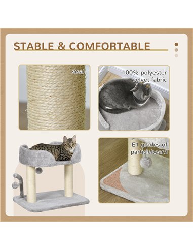 PawHut 42cm Indoor Cat Tree, with Toy Balls, Sisal Scratching Post - Light Grey
