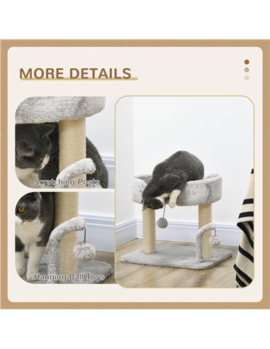 PawHut 42cm Indoor Cat Tree, with Toy Balls, Sisal Scratching Post - Light Grey