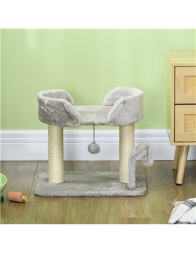 PawHut 42cm Indoor Cat Tree, with Toy Balls, Sisal Scratching Post - Light Grey