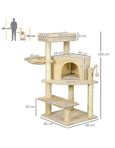 PawHut Sisal 100cm Cat Tree Tower with Sisal Scratching Post Cream White