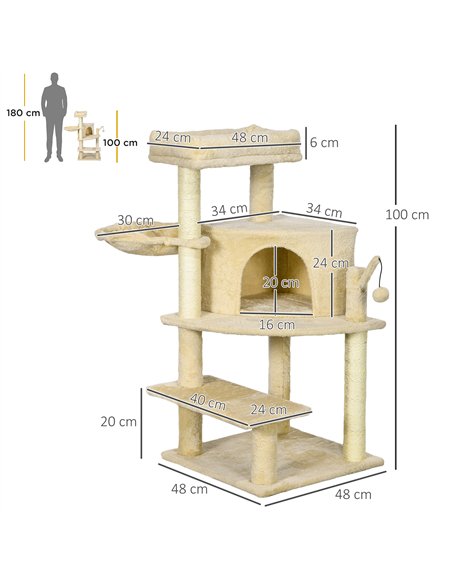 PawHut Sisal 100cm Cat Tree Tower with Sisal Scratching Post Cream White - pic 147154 | FastDaddyshop