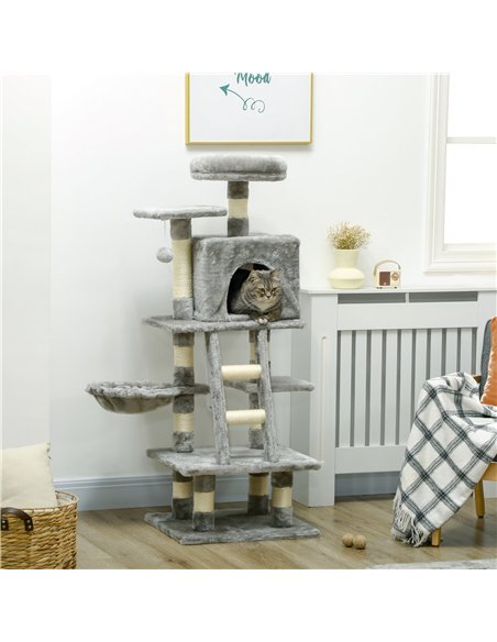 PawHut 132cm Cat Tree with Scratching Post, House, Hammock, Toy Balls - Grey - pic 147162 | FastDaddyshop