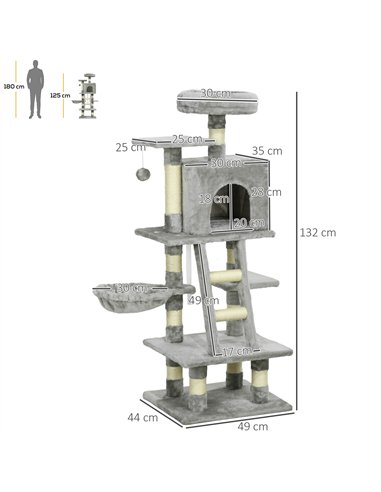 PawHut 132cm Cat Tree with Scratching Post, House, Hammock, Toy Balls - Grey