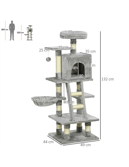 PawHut 132cm Cat Tree with Scratching Post, House, Hammock, Toy Balls - Grey - pic 147163 | FastDaddyshop
