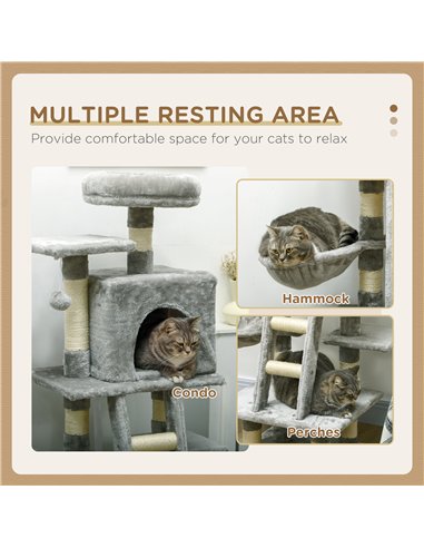 PawHut 132cm Cat Tree with Scratching Post, House, Hammock, Toy Balls - Grey