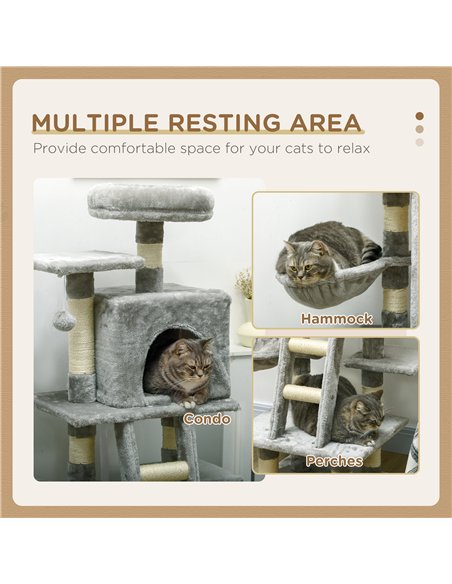 PawHut 132cm Cat Tree with Scratching Post, House, Hammock, Toy Balls - Grey - pic 147164 | FastDaddyshop