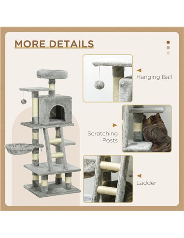 PawHut 132cm Cat Tree with Scratching Post, House, Hammock, Toy Balls - Grey