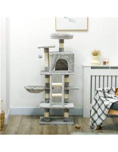 PawHut 132cm Cat Tree with Scratching Post, House, Hammock, Toy Balls - Grey