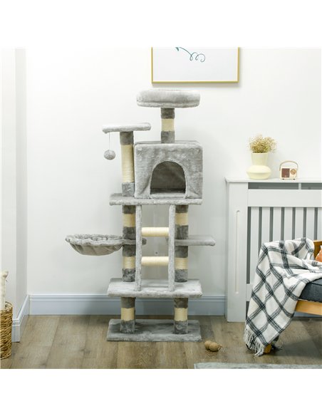 PawHut 132cm Cat Tree with Scratching Post, House, Hammock, Toy Balls - Grey - pic 147168 | FastDaddyshop