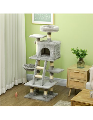 PawHut 132cm Cat Tree with Scratching Post, House, Hammock, Toy Balls - Grey