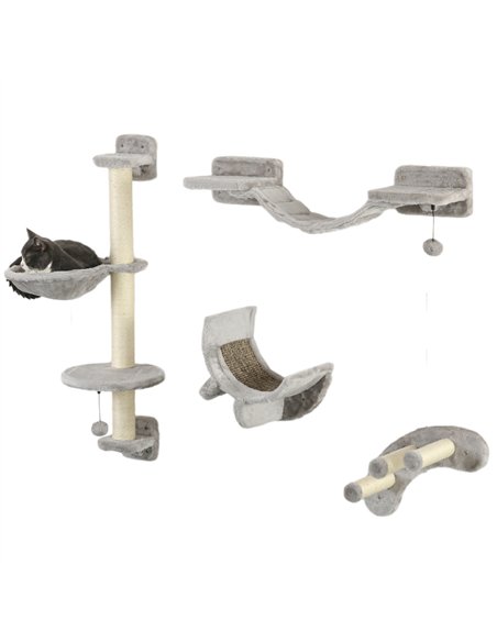PawHut Four-Piece Cat Wall Furniture, with Hammock, Ladder, Platforms, Steps, for Indoor Use - Grey - pic 147197 | FastDaddyshop