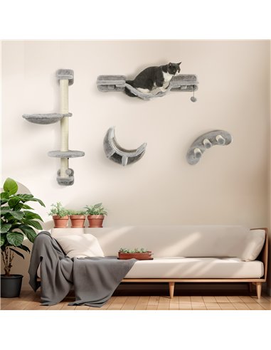 PawHut Four-Piece Cat Wall Furniture, with Hammock, Ladder, Platforms, Steps, for Indoor Use - Grey