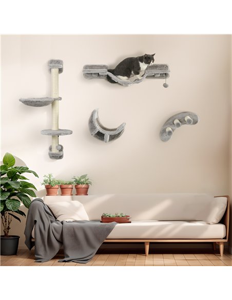PawHut Four-Piece Cat Wall Furniture, with Hammock, Ladder, Platforms, Steps, for Indoor Use - Grey - pic 147198 | FastDaddyshop