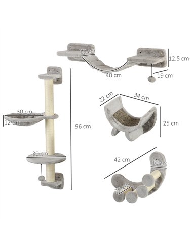 PawHut Four-Piece Cat Wall Furniture, with Hammock, Ladder, Platforms, Steps, for Indoor Use - Grey