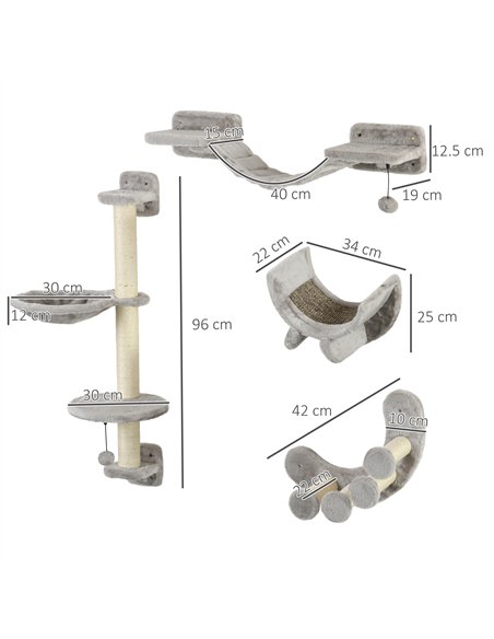 PawHut Four-Piece Cat Wall Furniture, with Hammock, Ladder, Platforms, Steps, for Indoor Use - Grey - pic 147199 | FastDaddyshop