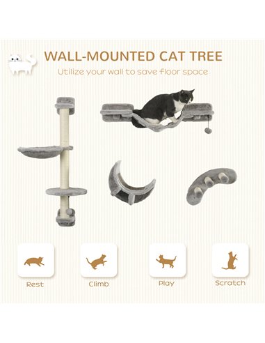 PawHut Four-Piece Cat Wall Furniture, with Hammock, Ladder, Platforms, Steps, for Indoor Use - Grey