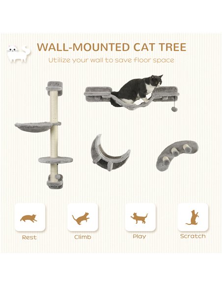 PawHut Four-Piece Cat Wall Furniture, with Hammock, Ladder, Platforms, Steps, for Indoor Use - Grey - pic 147200 | FastDaddyshop