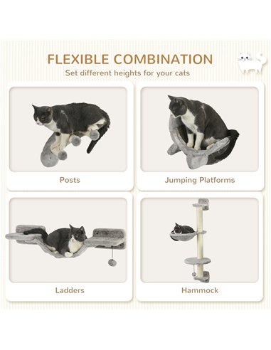 PawHut Four-Piece Cat Wall Furniture, with Hammock, Ladder, Platforms, Steps, for Indoor Use - Grey