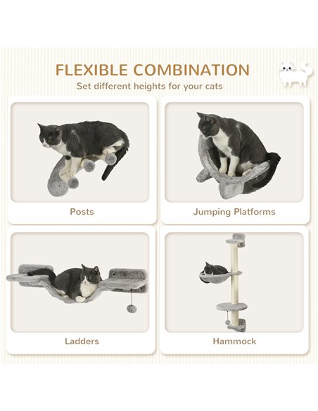 PawHut Four-Piece Cat Wall Furniture, with Hammock, Ladder, Platforms, Steps, for Indoor Use - Grey - pic 147201 | FastDaddyshop