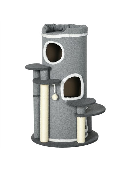 PawHut Barrel Shaped Cat Tree with Sisal Scratching Posts, Cat Bed, Platforms, Hanging Ball, Grey, Grey - pic 147215 | FastDaddyshop