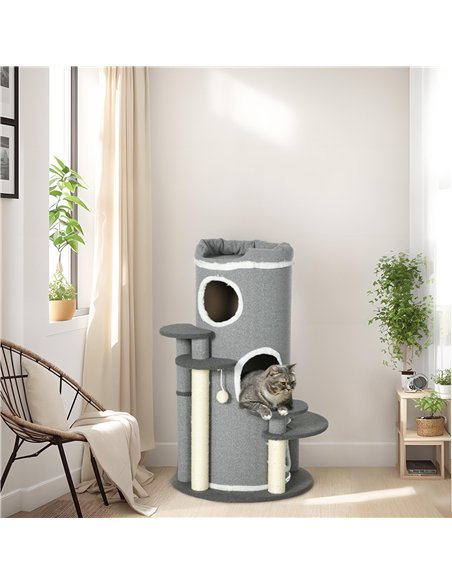 PawHut Barrel Shaped Cat Tree with Sisal Scratching Posts, Cat Bed, Platforms, Hanging Ball, Grey, Grey - pic 147216 | FastDaddyshop
