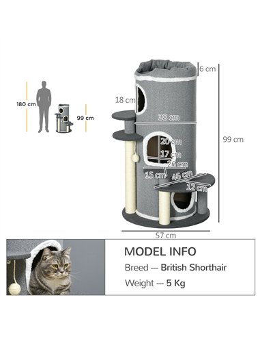 PawHut Barrel Shaped Cat Tree with Sisal Scratching Posts, Cat Bed, Platforms, Hanging Ball, Grey, Grey