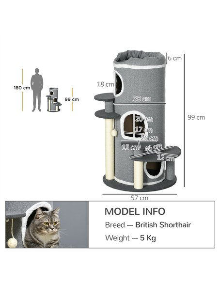 PawHut Barrel Shaped Cat Tree with Sisal Scratching Posts, Cat Bed, Platforms, Hanging Ball, Grey, Grey - pic 147217 | FastDaddyshop