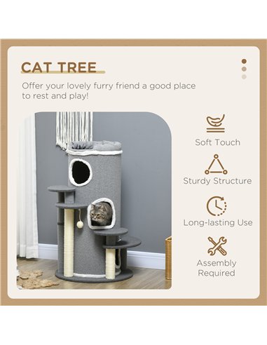 PawHut Barrel Shaped Cat Tree with Sisal Scratching Posts, Cat Bed, Platforms, Hanging Ball, Grey, Grey