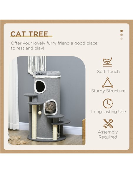 PawHut Barrel Shaped Cat Tree with Sisal Scratching Posts, Cat Bed, Platforms, Hanging Ball, Grey, Grey - pic 147218 | FastDaddyshop